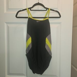 NIKE Multi Color One Piece Competition Swimsuit Open Back Womens 6 Black Neon